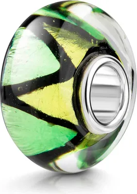 Produktbild von MATERIA by Matthias Wagner Glas Bead grün gelb Zickzack Muster mit Glitzer Folie 962
