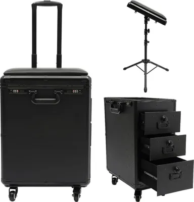 Produktbild von Kosmetikkoffer Trolley - Tattoo Koffer mit Armlehnenständer - Make-up & Friseurkoffer auf Rollen - Metall - Schwarz