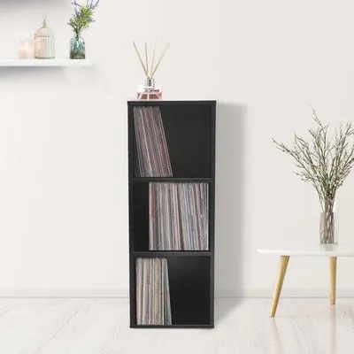 Produktbild von Famanu Aufbewahrungsschrank für LP Vinylplatten - Multifunktionale Bücherregal mit 3 Fächern - Schwarz