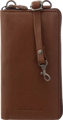 A close-up, top-down view of a brown leather mobile bag/wallet.