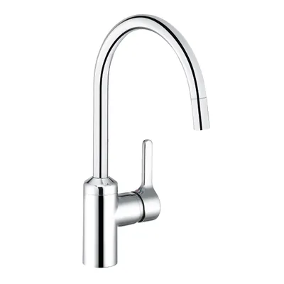 A studio shot of a chrome kitchen faucet against a white background.
