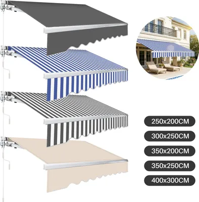 Produktbild von Izrielar Markise 350 x 300 cm  Beschattung Terrasse & Balkon - Gelenkarmmarkise mit Kurbel & Halterung Sonnenschutz Balkonmarkise Gelenkmarkise Blau Weiß