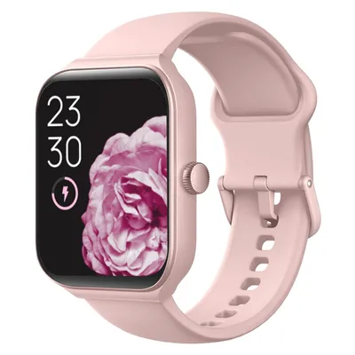 A pink smartwatch with a floral watch face is shown against a white background.