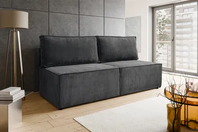 Produktbild von BESILIO Zweisitzer-Schlafsofa 192 cm Flabia – Sofa mit Schlaffunktion und Bettkasten, Cordstoff – Dunkelgrau & Poso 34