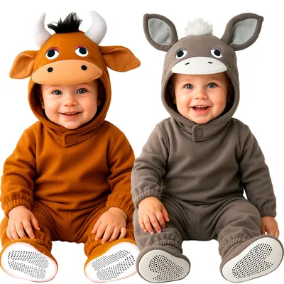 Zwei Kleinkinder im braunen Kuh Kostüm Fridolin und grauen Esel Kostüm Emil mit Tiermützen und Schuhüberziehern. Hinweis: KI generiertes Bild