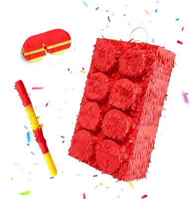 Image de Bloc de construction Relaxdays Pinata, avec bâton et masque, pinata pour enfants, anniversaire, à remplir, bloc, dimensions : 43 x 27 x 10 cm, rouge