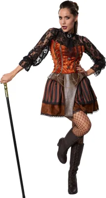 A woman in a steampunk costume holding a cane.