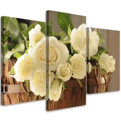 Produktbild von Triptychon auf leinwand gelbe und weiße rosen 120x80 cm Feeby beige wandbild bereit zum aufhängen