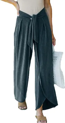 Produktbild von ASKSA Damen Weite Hosen Breite Beinschlitz Palazzo Hose Strandhose Sport Freizeithose mit Guertel, Dunkelgrau, Groesse: S
