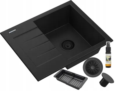 Obrázek produktu pro Granitan | Granitový dřez – umyvadlo – 57 x 46 cm – černý – s košíkem – s odkapávačem – MILANO