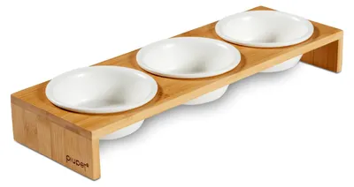 Productafbeelding van Voerbak kat - Verhoogde kattenbak - Keramiek - Set van 3 - Bamboe frame