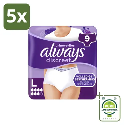 Obrázek produktu pro 5 kusů dámských inkontinenčních kalhotek Always Discreet, velikost L – balení