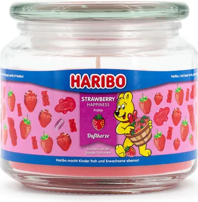 Obrázok produktu pre Vonná sviečka Haribo™ Strawberry Happiness, aromatická sviečka v sklenenom pohári, 300 g, doba horenia 50 hodín