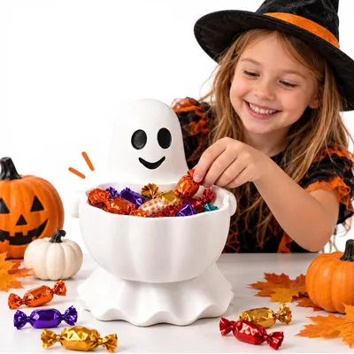 Produktbild von Halloween Süßigkeitenschale Geist, große Snackschale aus Resin, Halloween Deko für Süßigkeiten, Bonbons und Snacks, Tischdeko