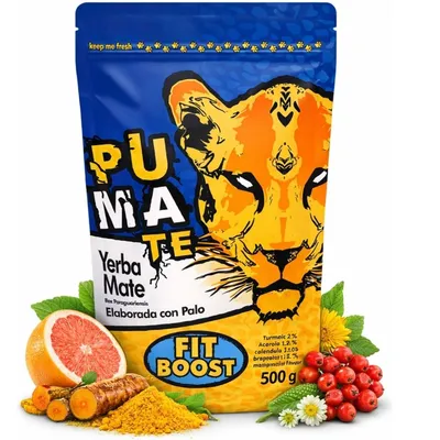 Image de Thé Yerba Mate PumaTe Fit Boost 500 g - Thé Yerba Mate Elaborada con Palo du Brésil - Mélange de thé Mate en vrac avec des ajouts de fruits et d'herbes - Vegan