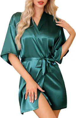 Produktbild von Dunkelgrüne Satin-Kimono für Frauen, XL, mit Gürtel