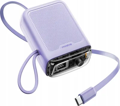 A purple mini power bank with a transparent section showing internal components and a digital display.