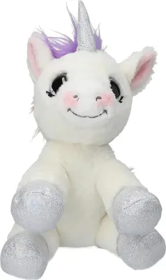 A studio shot of a plush unicorn toy.