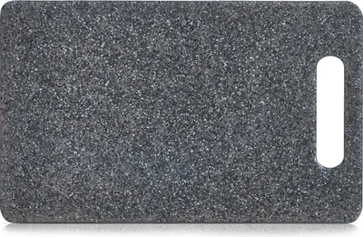 A top-down view of a rectangular cutting board with a handle cutout.