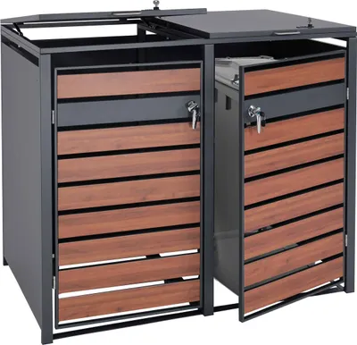 Produktbild von 2er Mülltonnenverkleidung HWC-J81, Mülltonnenbox, erweiterbar, Metall 50kg, anthrazit Kirsche-Holzoptik dunkelbraun