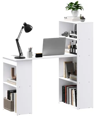 Image de Bureau d'ordinateur blanc avec 5 compartiments de rangement, bureau moderne avec étagère, bureau compact idéal pour le bureau à domicile et les chambres d'adolescents, dimensions : 120 x 55 x 120 cm
