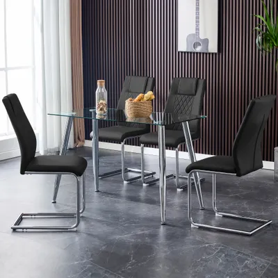 Productafbeelding van AIORBER schommelstoelen (set van 4), met rugleuning met ruitpatroon, verchroomd metalen frame, bekleed met kunstleer, afmetingen 40x40x96,5 cm, zwart
