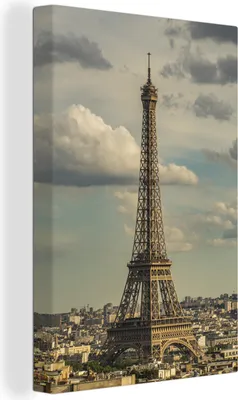 Produktbild von OneMillionCanvasses® - Leinwandbilder - 90x140 cm, Der Eiffelturm mit Blick über Paris, Wandbilder Kunstdruck Wanddekoration - Foto auf Leinwand - Gemälde auf Holzrahmen  - Wandschmucke - Schlafzimmer