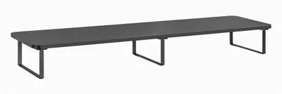 A long, rectangular monitor stand with metal legs, shown from a slightly elevated side angle against a white background.