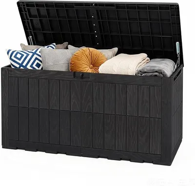 Imagen del producto de Caja de almacenamiento resistente a la intemperie, con tapa, cerradura, amortiguadores a gas y asas. 2 en 1: banco de terraza y caja para cojines, herramientas de jardín y accesorios para la piscina