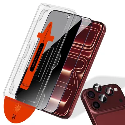 Zdjęcie produktu dla 2-pak iPhone 18 Pro Szkło ochronne na ekran (1 Privacy + 1 przezroczyste) & 1-pak ochrona obiektywu - Szkło hartowane | [Automatyczna instalacja] -
