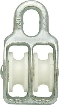 A product shot of a double pulley system.