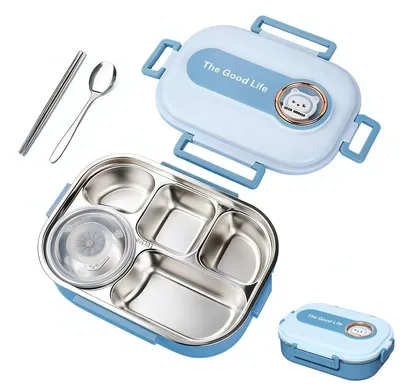 Lunchbox 1500 ml, 4 Fächer + Soßenbehälter, blau, spülmaschinenfest