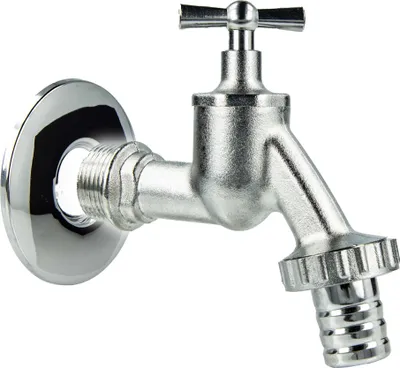A chrome-plated brass tap with a T-shaped handle and a hose connector, mounted on a wall plate.