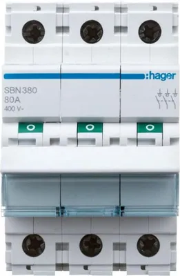 Imagen del producto de Interruptor Hager de 80A, 3 contactos normalmente cerrados, modelo SBN380, para 400VAC, 3 polos