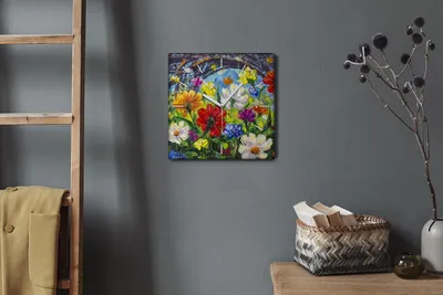 Produktbild von Coloray Hodiny Unikátní 30x30 cm  Tiché hodiny Pro obývací pokoj a kuchyň Nástěnné hodiny Plátno Bílé ručičky hodin - Malování květin příroda