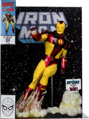 Iron Man action figure posed in flight against a starry background, with comic book elements.