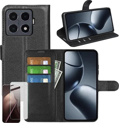 Obrázek produktu pro Pro Xiaomi 15T Pro Leatherette Book Wallet Case Black + 9H Hard Protective Glass