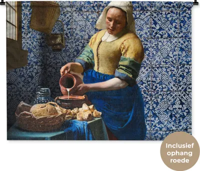 Produktbild von MuchoWow® Wandteppich Wandbehang Milchmädchen - Delfter Blau - Vermeer - Gemälde - Alte Meister 150x112 cm Tapisserie Dekoration Wandtuch - Wanddecke - Wandteppiche