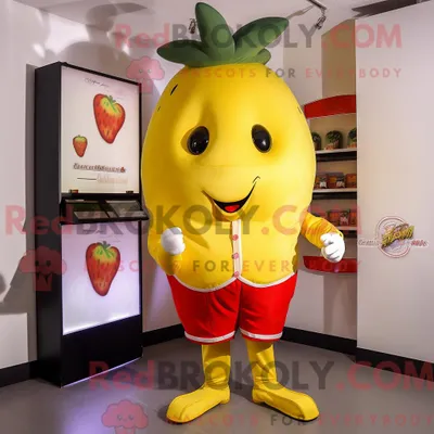 Produktbild von Maskottchenfigur REDBROKOLY einer gelben Erdbeere gekleidet in Bermudashorts und Gürtel