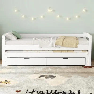 Produktbild von Tagesbett mit Rollen unten und Schubladen Daybett Doppelbett Schiebebett Weiß
