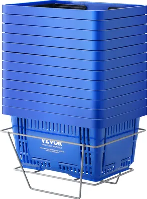 A stack of blue plastic shopping baskets on a metal stand.