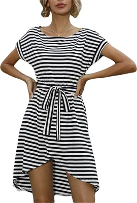 Produktbild von ASKSA Damen Sommer Kurzarm Kleider Streifen Rundhal Freizeitkleid Schlitz Tunikakleider mit Taillenbund, Schwarz, XXL