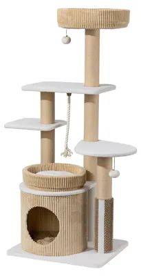 Immagine prodotto di Albero per gatti "Fudajo Forest Oak" beige, 138 cm, con rifugio per gatti, cuccette e pali da graffio rivestiti in corda di carta, dotato di elementi massaggianti