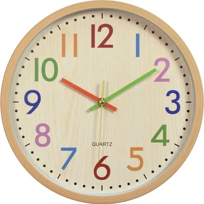 A close-up shot of a colorful analog wall clock with a wooden frame.