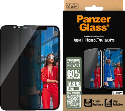 Immagine prodotto di PanzerGlass ® Privacy screen protector iPhone 16e | 14 | 13 | 13 Pro | Ultra-Wide Fit w. Aligner, Apple, Apple - iPhone 13, Apple - iPhone 13 Pro, Apple - iPhone 14, Apple - iPhone 16e, Applicazione a secco, Resistente ai graffi, Resistente agli urti, Trasparente, 1 pz