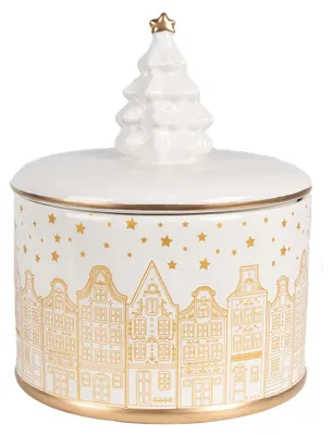 Image de Clayre & Eef Couvercle de bocal Ø 15x19 cm Blanc Doré Matériau céramique Maisons