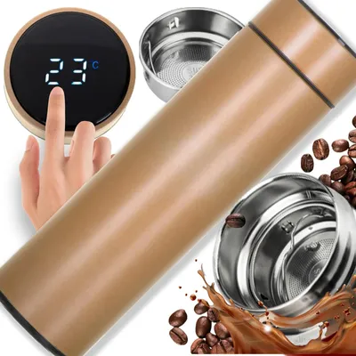 Produktbild von Thermobecher Isolierbecher 500 ml Smart LED Temperaturanzeige Edelstahl Gold auslaufsicher Kaffee to go Tee Becher