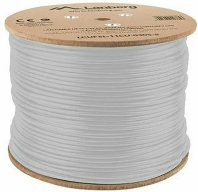 A spool of gray cable on a wooden spool.