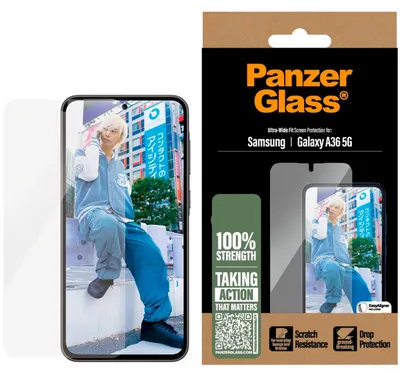 Zdjęcie produktu dla PanzerGlass ® Screen Protector Samsung Galaxy A36 5G | Ultra-Wide Fit, Samsung, Samsung - Galaxy A36 5G, Aplikacja na sucho, Odporny na zadrapania, Odporny na wstrząsy, Przezroczysty, 1 szt.