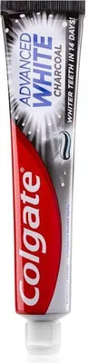 A tube of Colgate Advanced White Charcoal toothpaste.
